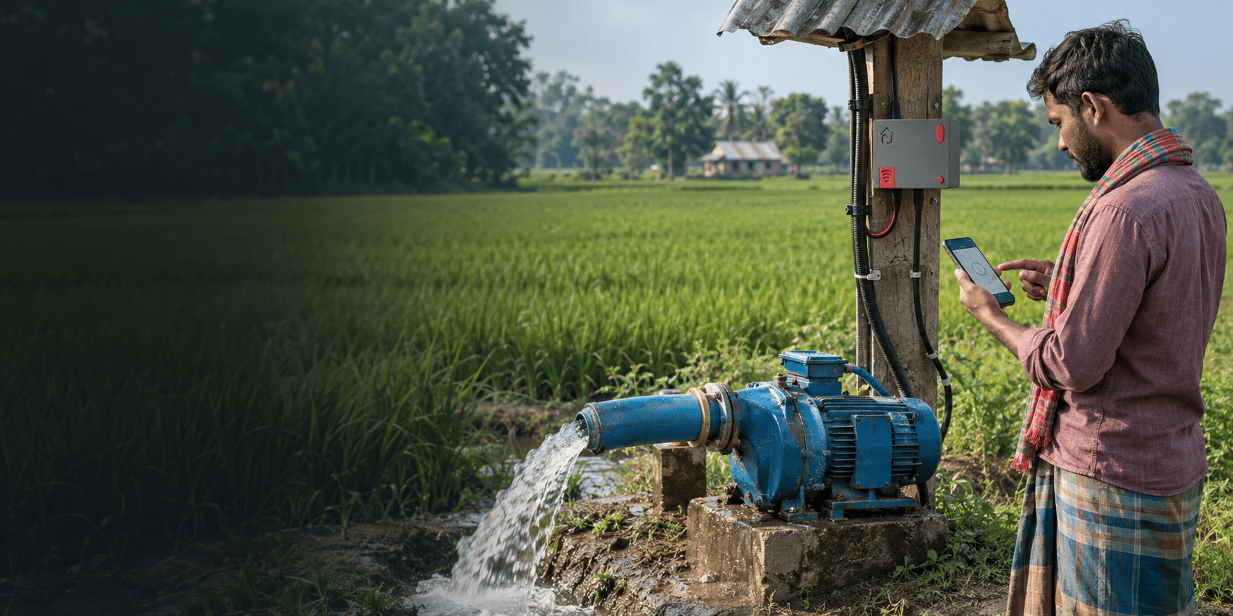 Bangladeshi farmer controlling irrigation pump with phone