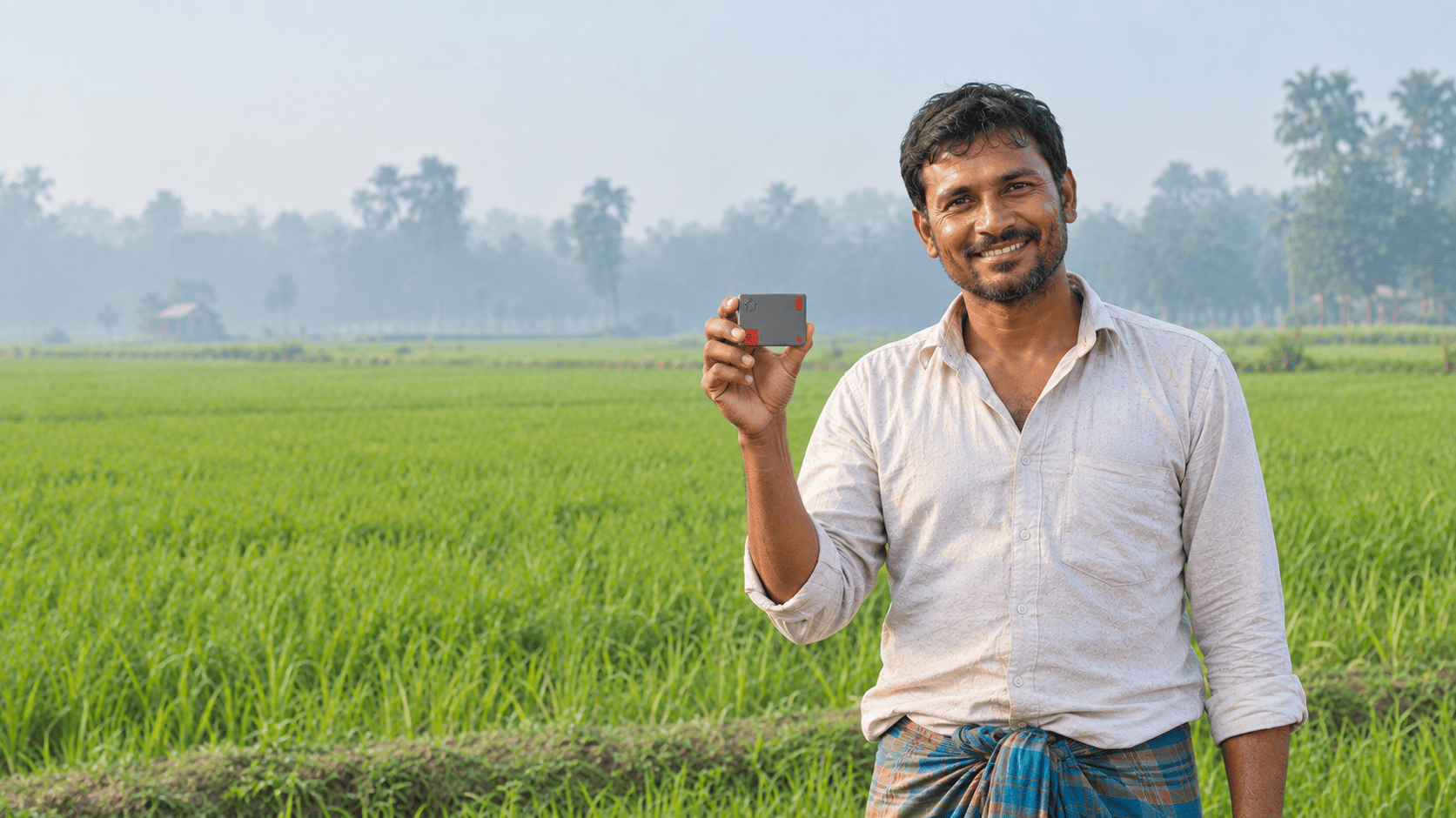 Bangladeshi farmer holding Nector device in a green rice field